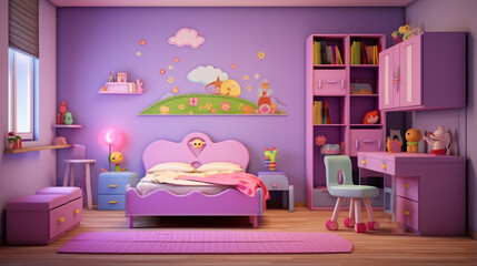 Interior of colorful bedroom for child girl. Cute child room interior with beautiful. generative ai