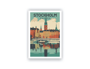 Stockholm, Sweden. Vintage Travel Posters. Vector art. Famous Tourist Destinations Posters Art Prints Wall Art and Print Set Abstract Travel for Hikers Campers Living Room Decor