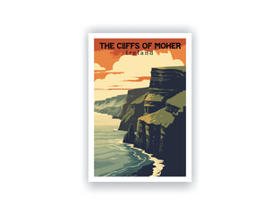The Cliffs of Moher, Ireland. Vintage Travel Posters. Vector art. Famous Tourist Destinations Posters Art Prints Wall Art and Print Set Abstract Travel for Hikers Campers Living Room Decor