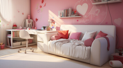 Interior of teenage girl room with sofa. Blue and rose furniture in girl room. generative ai