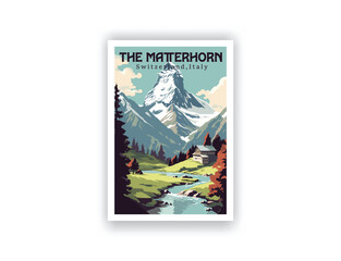 The Matterhorn, Switzerland, Italy. Vintage Travel Posters. Vector art. Famous Tourist Destinations Posters Art Prints Wall Art and Print Set Abstract Travel for Hikers Campers Living Room Decor