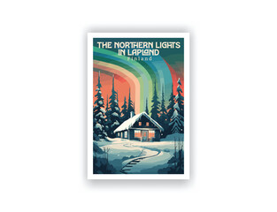 The Northern Lights in Lapland, Finland. Vintage Travel Posters. Vector art. Famous Tourist Destinations Posters Art Prints Wall Art and Print Set Abstract Travel for Hikers Campers Living Room Decor