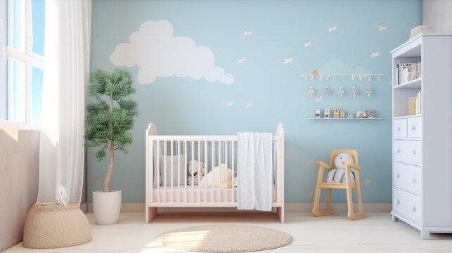 Interior of light modern baby room with crib. Decorative baby room wooden detail. generative ai