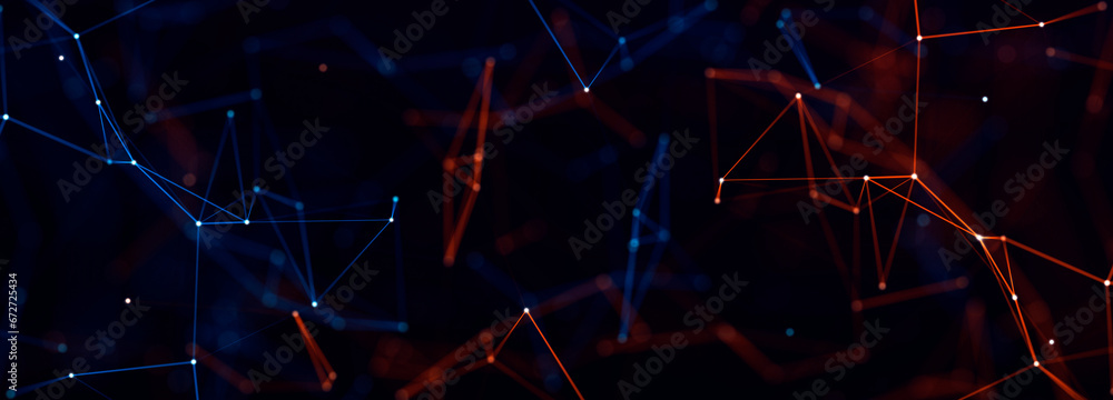 Poster Abstract polygonal space with connecting dots and lines. Dark background. Connection structure. 3d Widescreen