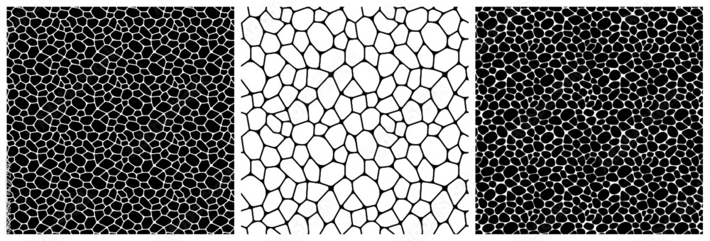 Aufkleber black and white voronoi seamless patterns vector set. irregular geometric shapes repeated backdrop f