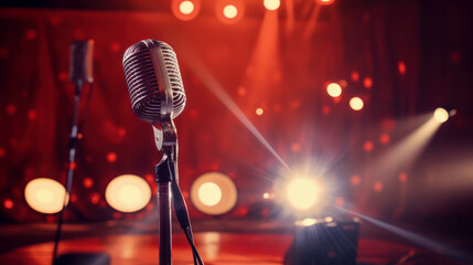 un microphone installé sur une scène avec arrière-plan festif flou - fond rouge - obrazy, fototapety, plakaty