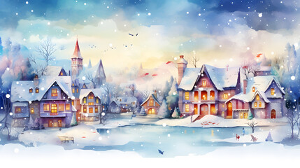 watercolor village santa, Winter or Christmas landscape, fairy tale town, colorful tale houses,. Wonderland, Christmas village , Winter Holidays. New Year - obrazy, fototapety, plakaty