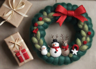 Fototapeta na wymiar Christmas wreath with needle felting decor
