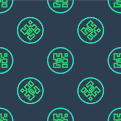 Line QR code sample for smartphone scanning icon isolated seamless pattern on blue background. Vector