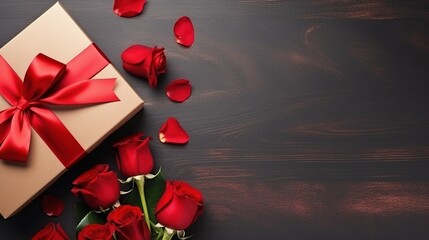 A gift box with a red ribbon and a bunch of red roses, top view