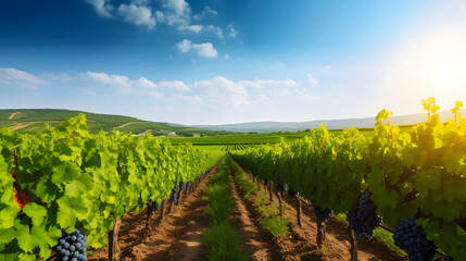 Vineyards at sunny day in autumn harvest. Ripe grapes in fall.