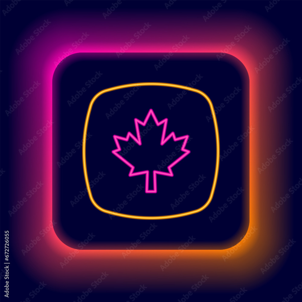 Sticker Glowing neon line Canadian maple leaf icon isolated on black background. Canada symbol maple leaf. Colorful outline concept. Vector