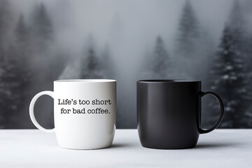 mug with drinks and steam on grey background. coffee mood and quote, inspirational concept. cope space