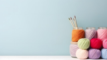 Online knitting class tools on blue background, With copyspace for text