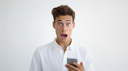 White background, a young man wearing glasses is visibly stunned as he reads shocking and terrible news on his phone, showing a deeply expressive reaction to the unexpected information.