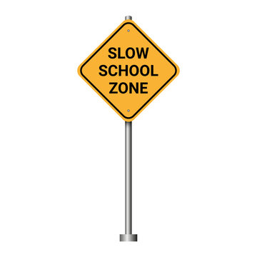 Slow School Zone text caution road sign transparent background.