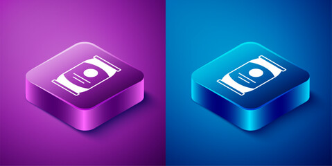 Isometric Beer can icon isolated on blue and purple background. Square button. Vector - obrazy, fototapety, plakaty