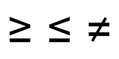 Inequality sign or symbol isolated. Less than, greater than, and equal symbol.