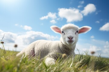 Obraz premium Cute lamb on green grass under blue sky with white clouds.