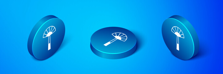 Isometric Egyptian fan icon isolated on blue background. Blue circle button. Vector