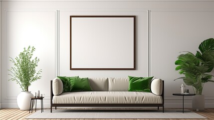 Empty frame without picture with magnification ,living room with green sofa, decoration edge