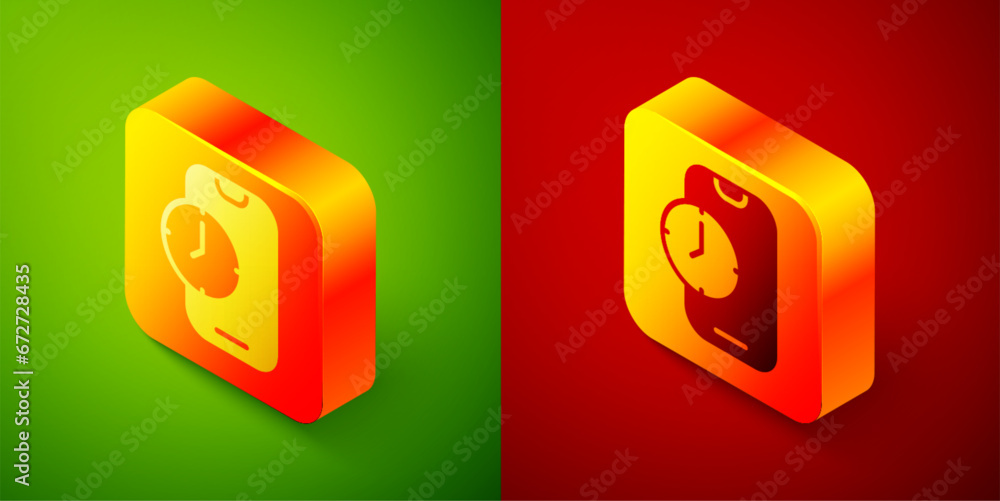 Poster isometric alarm clock app smartphone interface icon isolated on green and red background. square but