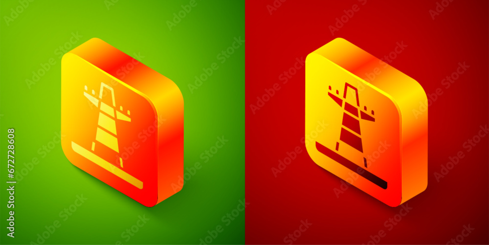 Poster isometric electric tower used to support an overhead power line icon isolated on green and red backg