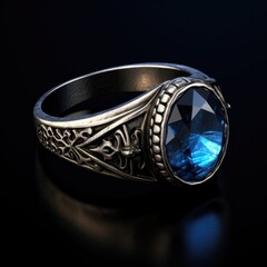 a tarnished silver ring with a solid band an a blue gem in the middle - product photo