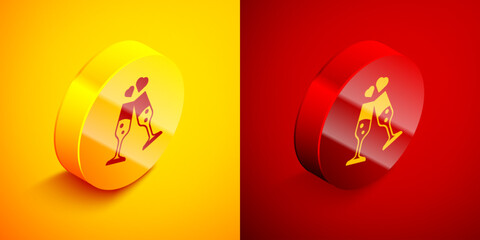 Isometric Glass of champagne icon isolated on orange and red background. Happy Valentines day. Circle button. Vector