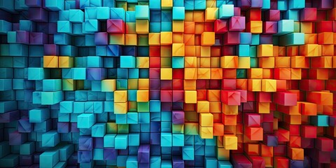 Intriguing and dynamic abstract composition featuring a vibrant array of colorful cubes or squares artfull