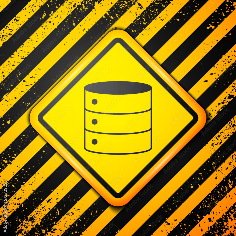 Poster black server, data, web hosting icon isolated on yellow background. warning sign. vector