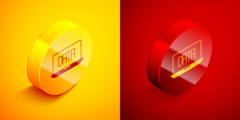 Isometric Data analysis icon isolated on orange and red background. Business data analysis process, statistics. Charts and diagrams. Circle button. Vector - obrazy, fototapety, plakaty