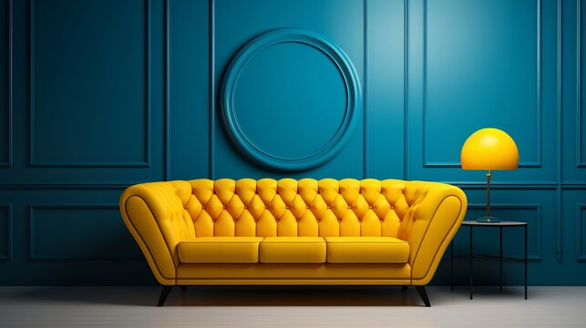 A Retro Stylish Yellow Couch Sitting In A Living Room Next To A Lamp Against A Wooden Blue Wall. Mid Century Interior Design Of Modern Living Room.