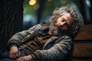 Obraz premium Beggar sleeping on a bench in the square.