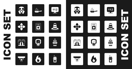 Set Emergency call, Fire alarm system, Firefighter, Gas mask, Traffic cone, Pan with fire, hydrant and gloves icon. Vector