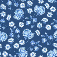 Vintage blue floral seamless pattern. Blooming indigo flowers