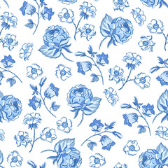 Vintage blue floral seamless pattern. Blooming indigo flowers - 672730438