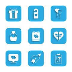 Set Calendar with heart, Amour and arrow, Valentines day party flyer, Candy shaped box, Location, Wedding cake, Balloons form of and Gift icon. Vector