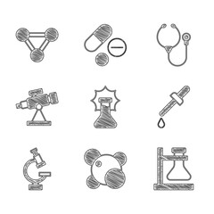 Obraz premium Set Explosion in the flask, Molecule, Test tube stand, Pipette, Microscope, Telescope, Stethoscope and icon. Vector