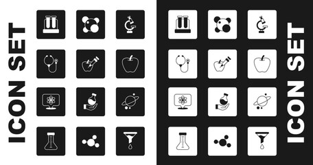 Set Microscope, Genetically modified apple, Stethoscope, Test tube, Apple, Molecule, Planet Saturn and Atom icon. Vector - obrazy, fototapety, plakaty