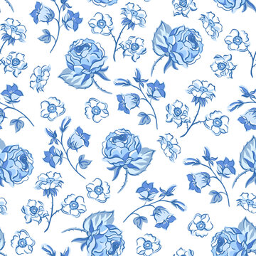 Vintage blue floral seamless pattern. Blooming indigo flowers