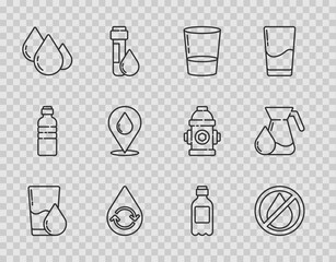 Set line Glass with water, Water drop forbidden, Recycle clean aqua, location, Bottle of and Jug glass icon. Vector