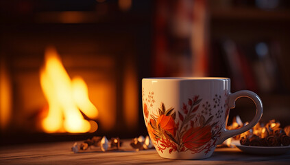 Cozy Cup by the Fireplace
