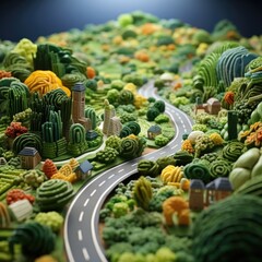 Nature Comestible : Vision Artistique de Manger Sain avec des Légumes. Paysage miniature réalisé à partir d'aliments naturels. - obrazy, fototapety, plakaty