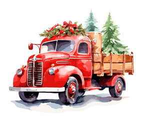 Old red truck with gift boxes and christmas tree in them, in the style of realistic watercolor paintings on transparent background. Generative AI.