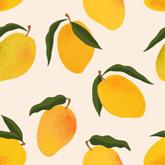 Seamless pattern with fresh bright exotic whole and sliced mango isolated on white background. Summer fruits for healthy lifestyle. Organic fruit. Cartoon style. Vector illustration for any design.
