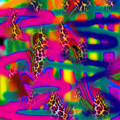 Fototapeta na wymiar Combination textile collage pattern of neon colored leopard snake tiger textures