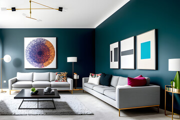 The living room is a contemporary and artistic space with a gallery wall of diverse artworks, a modular sofa, and statement lighting fixtures. Generative AI