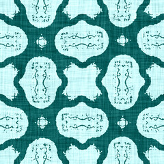 Teal blue white vibrant watercolor batik azulejos tile border banner background. Seamless coastal blur linen effect geometric mosaic effect. Patchwork nautical masculine summer ribbon trim. 