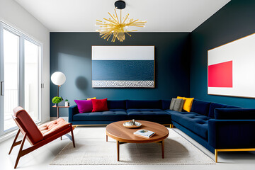 The living room is a contemporary and artistic space with a gallery wall of diverse artworks, a modular sofa, and statement lighting fixtures. Generative AI